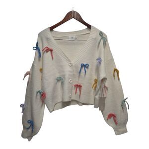 LUNA  IVY  3D Bow‎ Coquette Cream Sweater Cardigan Size SMALL NWT